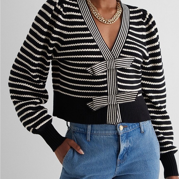Express Striped Bow Cardigan - Picture 2 of 9